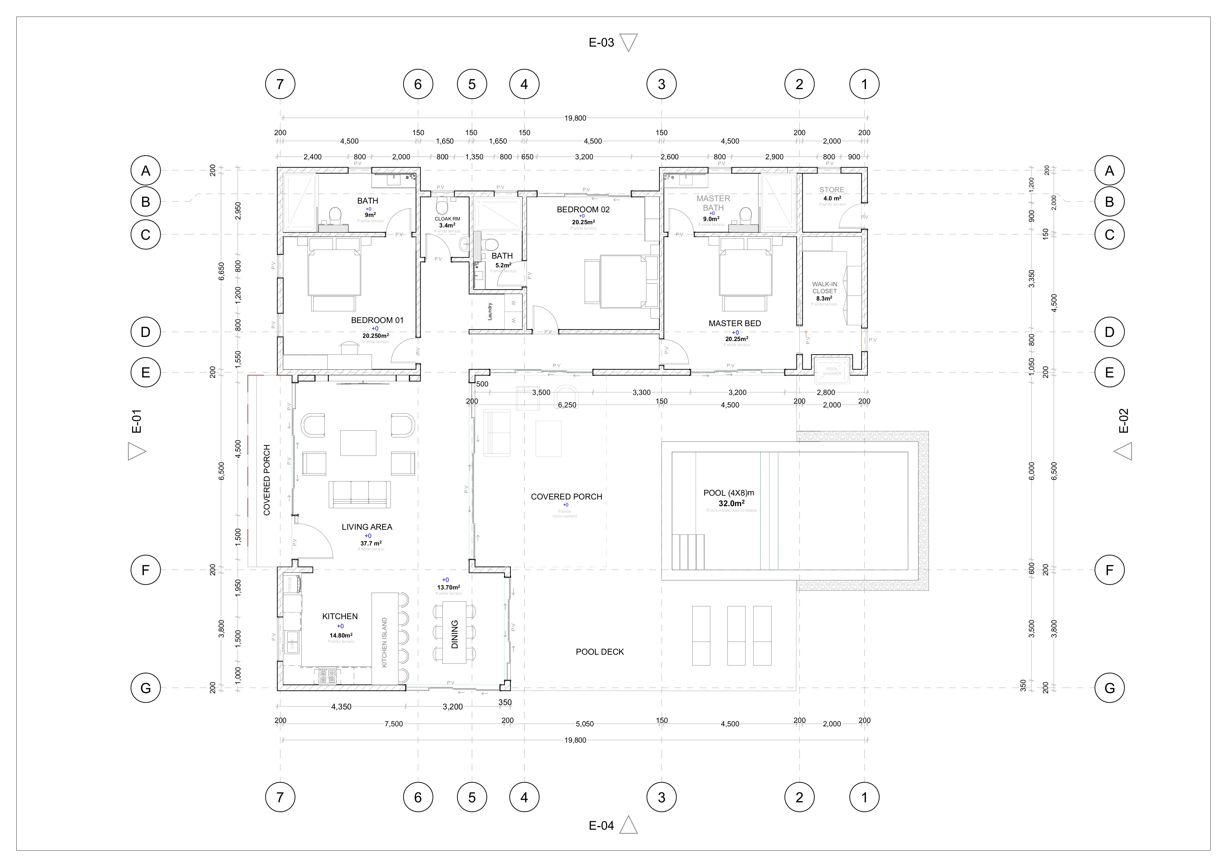 Surfside Getaway — three-bedroom villa floor plan with master suite, two en-suite bedrooms, kitchen, dining, living area, covered porch, walk-in closet, store, laundry, and 4 × 8 m private pool